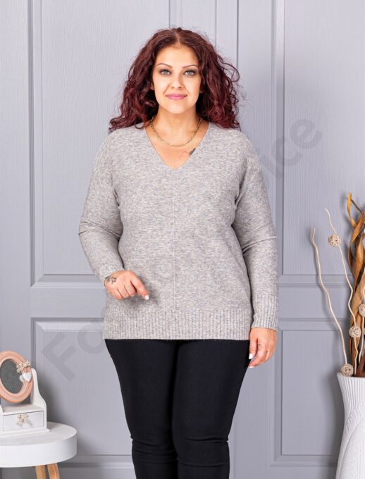Bluza maxi din tricotaj finut cu decolteu in forma V si lame discret-gri cod 221-5