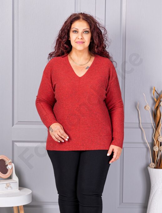 Bluza maxi din tricotaj finut cu decolteu in forma V si lame discret-caramiziu cod 221-2