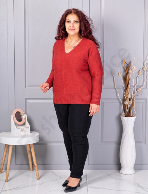 Bluza maxi din tricotaj finut cu decolteu in forma V si lame discret-caramiziu cod 221-2