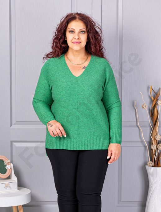 Bluza maxi din tricotaj finut cu decolteu in forma V si lame discret-verde cod 221-3
