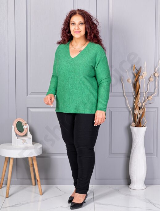 Bluza maxi din tricotaj finut cu decolteu in forma V si lame discret-verde cod 221-3
