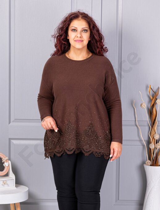 Tunica maxi din tricotaj finut cu bordur din dantela bruxelles-ciocolata cod 6900-4