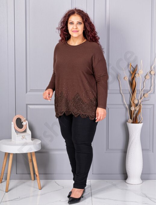 Tunica maxi din tricotaj finut cu bordur din dantela bruxelles-ciocolata cod 6900-4