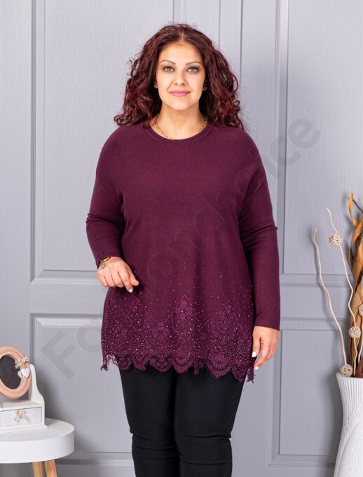Tunica maxi din tricotaj finut cu bordur din dantela bruxelles-burgundy cod 6900-2