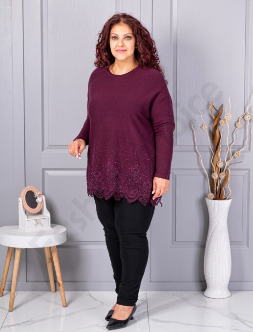 Tunica maxi din tricotaj finut cu bordur din dantela bruxelles-burgundy cod 6900-2