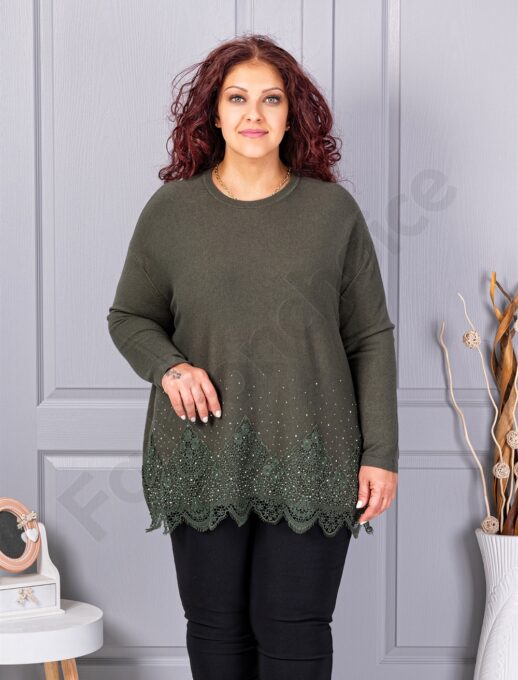 Tunica maxi din tricotaj finut cu bordur din dantela bruxelles-kaki cod 6900-3
