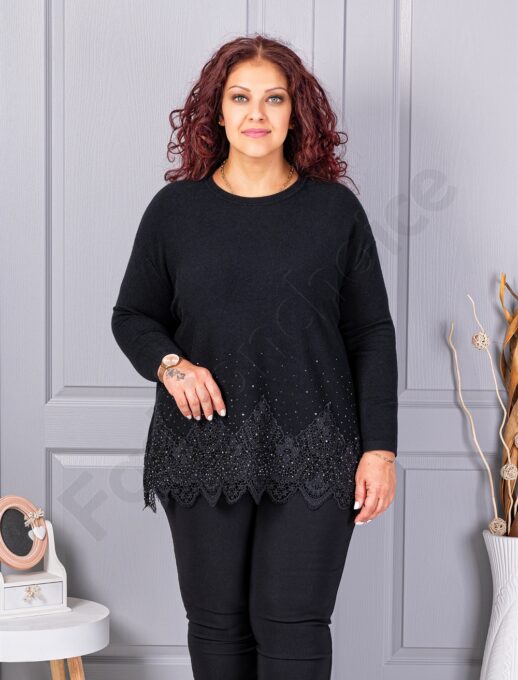 Tunica maxi din tricotaj finut cu bordur din dantela bruxelles-negru cod 6900