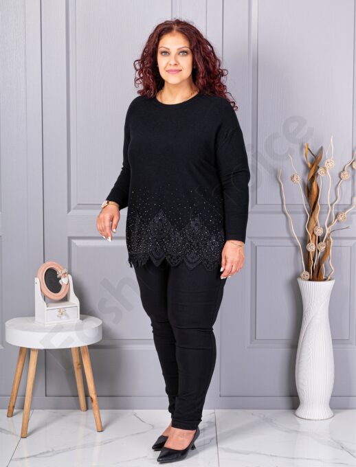 Tunica maxi din tricotaj finut cu bordur din dantela bruxelles-negru cod 6900