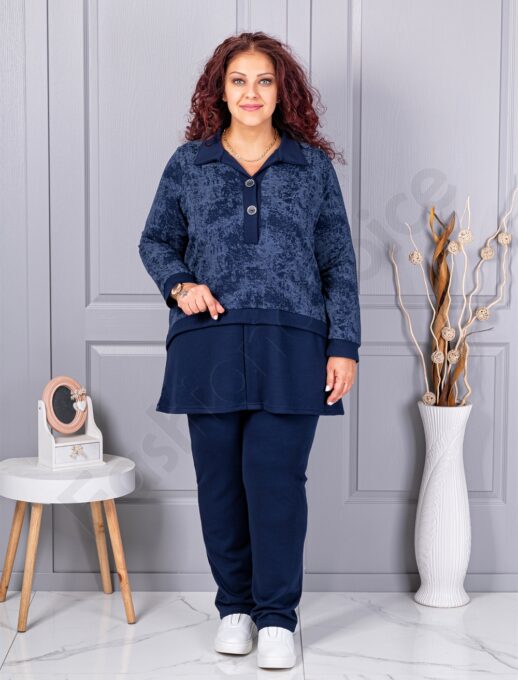 Compleu maxi sport-elegant cu decolteu in forma V si guler-albastru inchis cod 1505-2