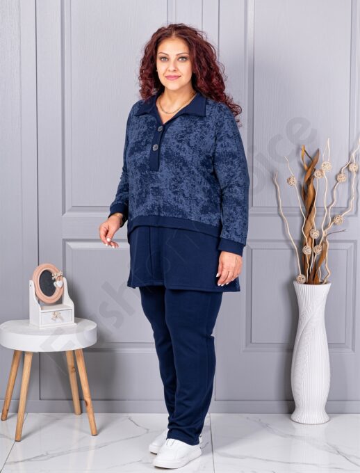 Compleu maxi sport-elegant cu decolteu in forma V si guler-albastru inchis cod 1505-2