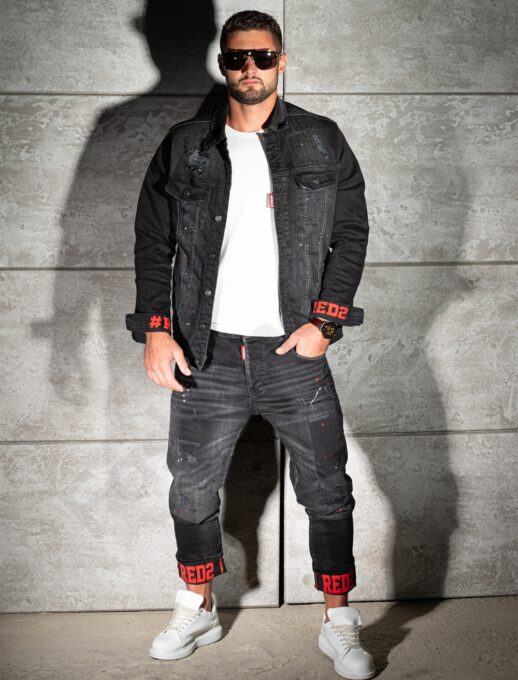 Compleu pentru barbati din denim cu efect rupt si inscriptii-negru/rosu cod 2493-2