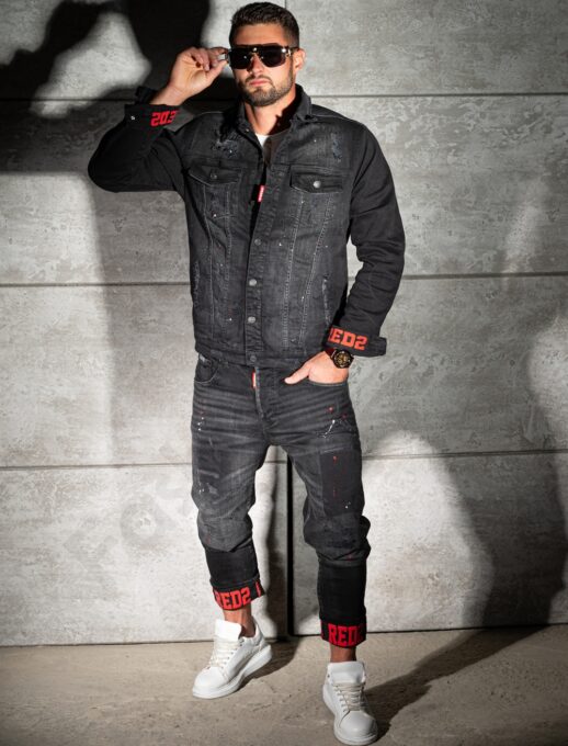 Compleu pentru barbati din denim cu efect rupt si inscriptii-negru/rosu cod 2493-2