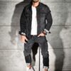 Compleu pentru barbati din denim cu efect rupt si inscriptii-negru/alb cod 2493
