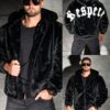 Geaca barbati din blana eco cu gluga si aplicatie RESPECT-negru cod 6267