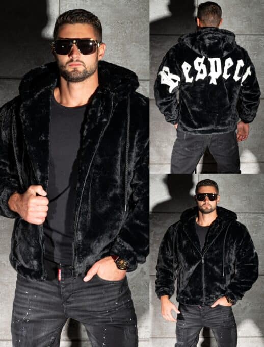 Geaca barbati din blana eco cu gluga si aplicatie RESPECT-negru cod 6267