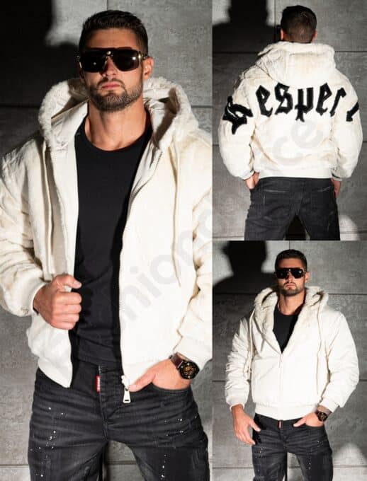 Geaca bomber din blana eco cu doua fete si aplicatie RESPECT-bej cod 1916-1