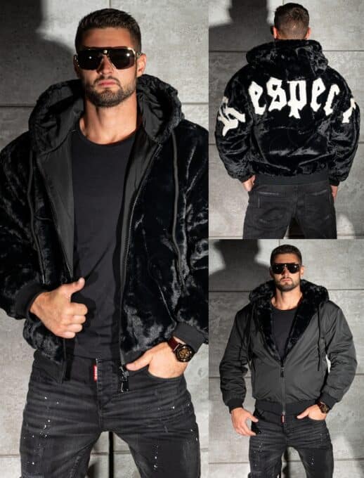 Geaca bomber din blana eco cu doua fete si aplicatie RESPECT-negru cod 1916