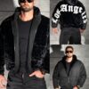 Geaca Oversize din blana eco cu doua fete si aplicatie Los Angeles-negru cod 253