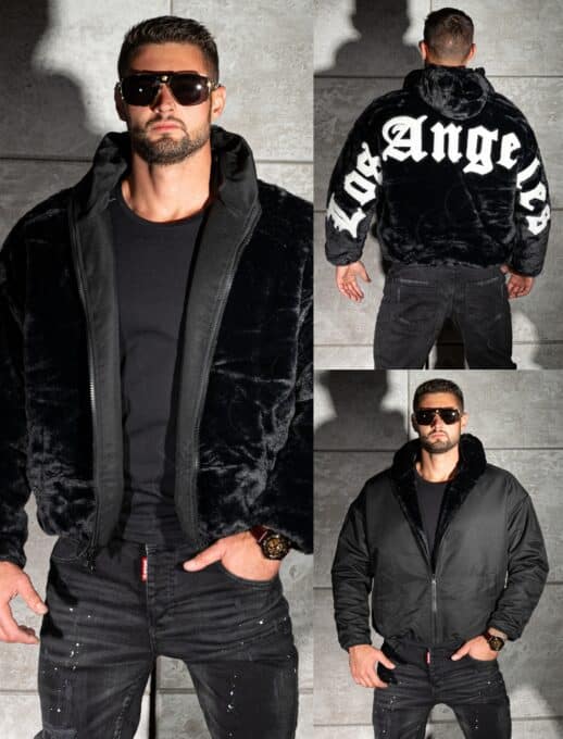 Geaca Oversize din blana eco cu doua fete si aplicatie Los Angeles-negru cod 253
