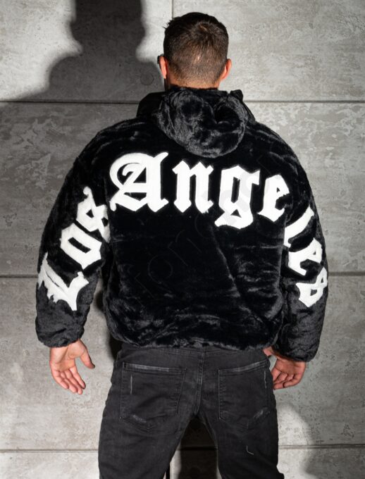 Geaca Oversize din blana eco cu doua fete si aplicatie Los Angeles-negru cod 253