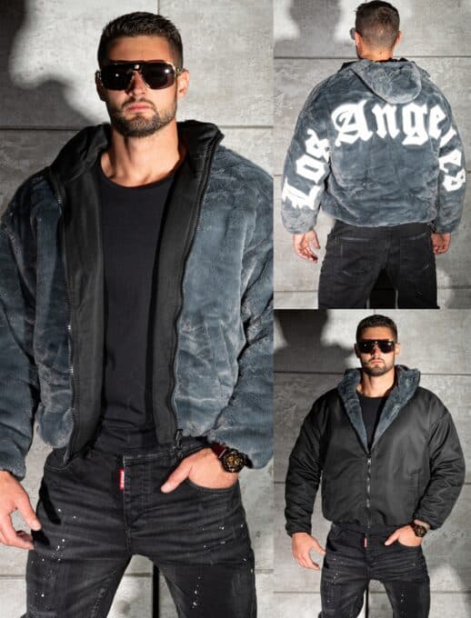 Geaca Oversize din blana eco cu doua fete si aplicatie Los Angeles-gri inchis cod 253-1