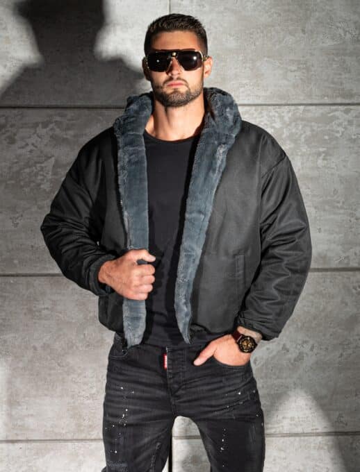 Geaca Oversize din blana eco cu doua fete si aplicatie Los Angeles-gri inchis cod 253-1