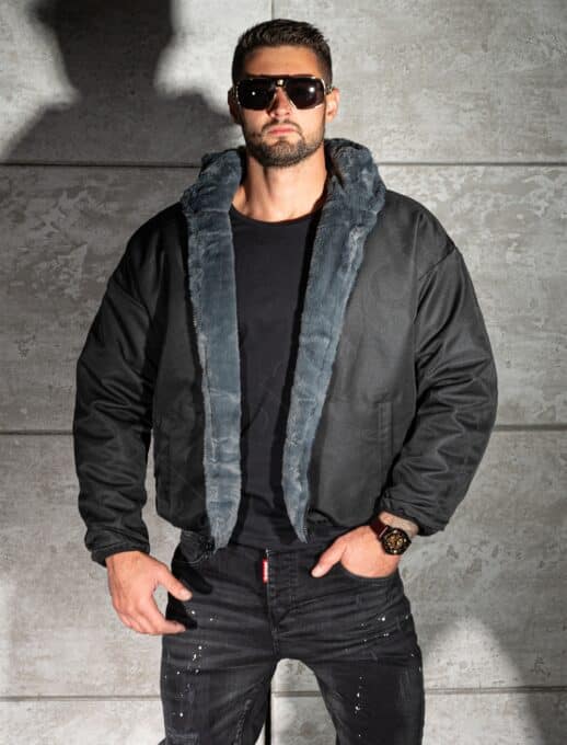 Geaca Oversize din blana eco cu doua fete si aplicatie Los Angeles-gri inchis cod 253-1
