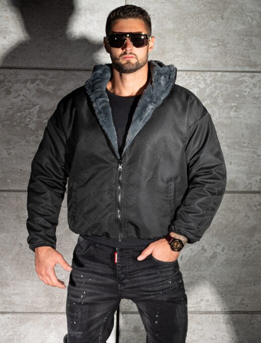Geaca Oversize din blana eco cu doua fete si aplicatie Los Angeles-gri inchis cod 253-1