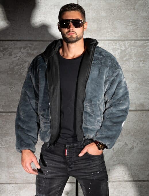 Geaca Oversize din blana eco cu doua fete si aplicatie Los Angeles-gri inchis cod 253-1