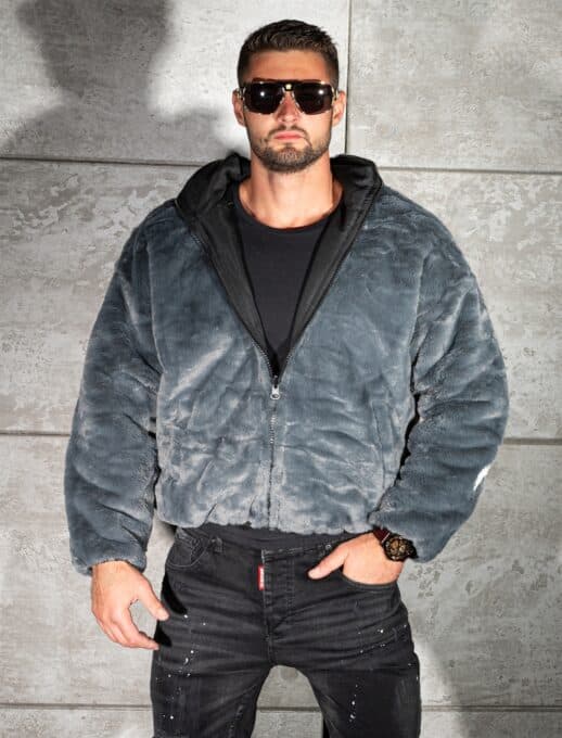 Geaca Oversize din blana eco cu doua fete si aplicatie Los Angeles-gri inchis cod 253-1