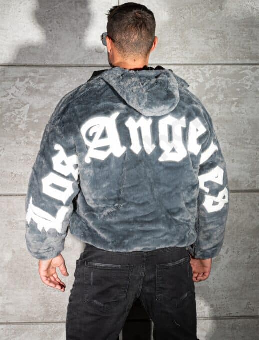 Geaca Oversize din blana eco cu doua fete si aplicatie Los Angeles-gri inchis cod 253-1