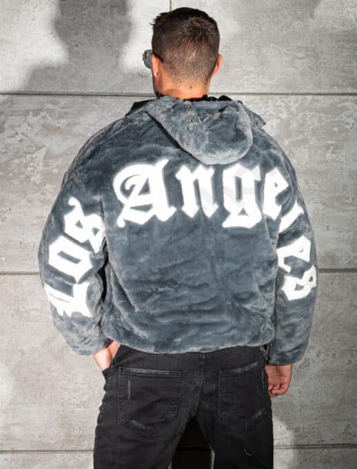 Geaca Oversize din blana eco cu doua fete si aplicatie Los Angeles-gri inchis cod 253-1