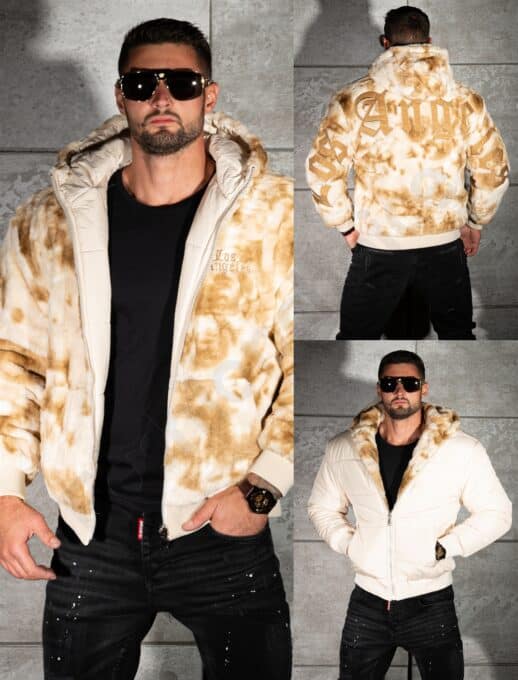 Geaca bomber din blana eco cu doua fete si aplicatie Los Angeles-bej/moca cod 6269-1