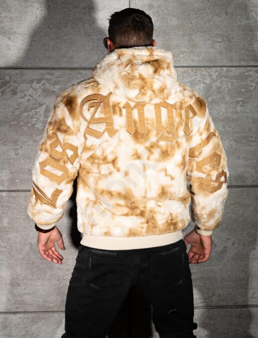 Geaca bomber din blana eco cu doua fete si aplicatie Los Angeles-bej/moca cod 6269-1