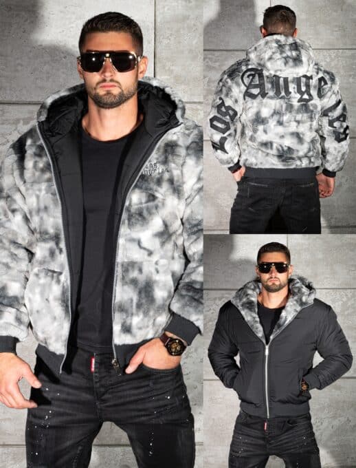 Geaca bomber din blana eco cu doua fete si aplicatie Los Angeles-negru/gri cod 6269