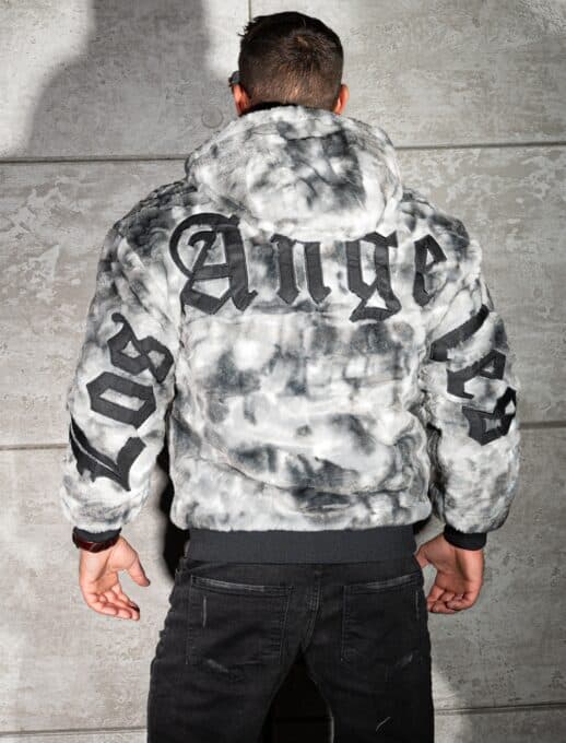 Geaca bomber din blana eco cu doua fete si aplicatie Los Angeles-negru/gri cod 6269