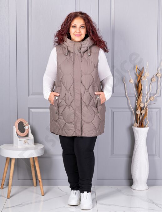 Vesta lunga groasa maxi cu guler inalt si gluga-moca cod 9873-4