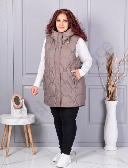 Vesta lunga groasa maxi cu guler inalt si gluga-moca cod 9873-4