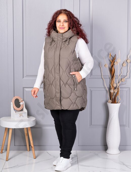 Vesta lunga groasa maxi cu guler inalt si gluga-kaki cod 9873-2