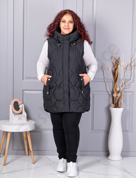 Vesta lunga groasa maxi cu guler inalt si gluga-negru cod 9873