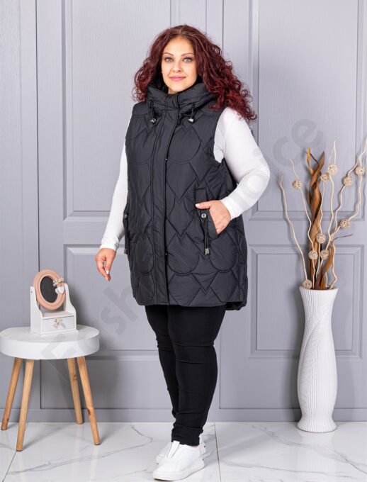 Vesta lunga groasa maxi cu guler inalt si gluga-negru cod 9873