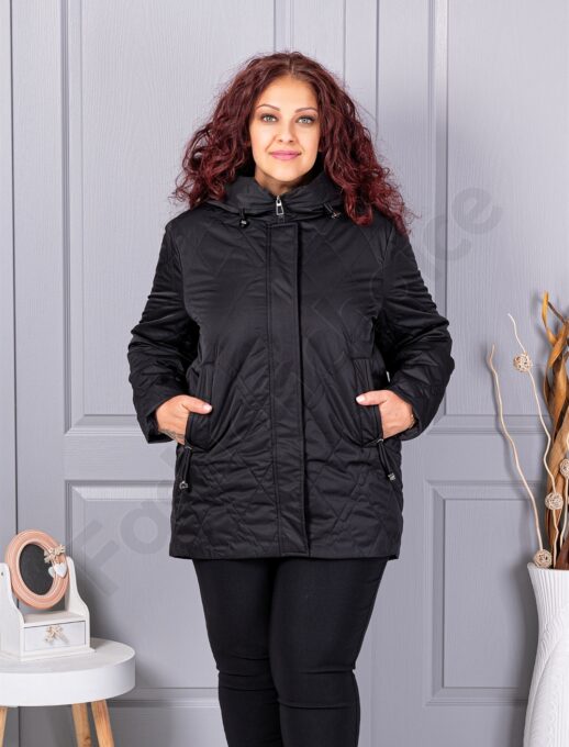 Geaca maxi usoara cu guler inalt si gluga-negru cod 9880