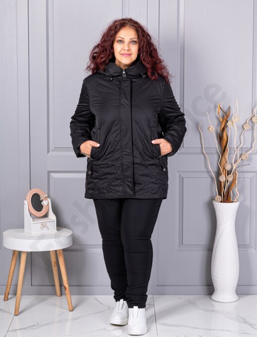 Geaca maxi usoara cu guler inalt si gluga-negru cod 9880