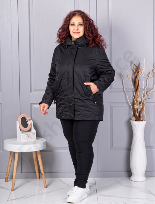 Geaca maxi usoara cu guler inalt si gluga-negru cod 9880
