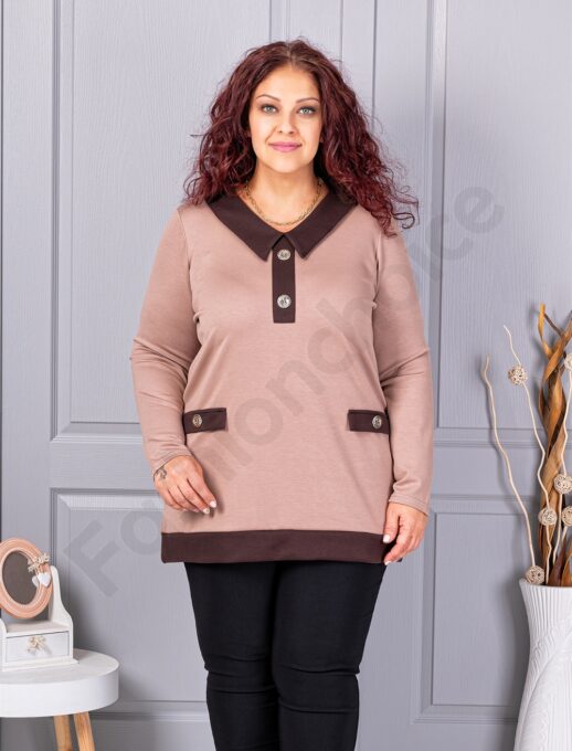 Tunica maxi eleganta cu guler si nasturi-moca cod 1475-1