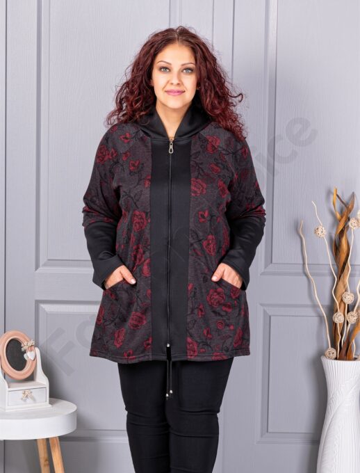 Jacheta maxi de dama cu imprimeu trandafiri rosii-negru cod 1212-3