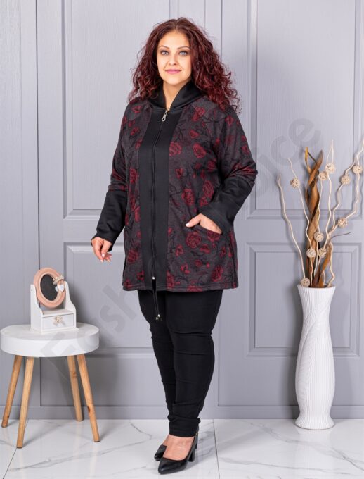 Jacheta maxi de dama cu imprimeu trandafiri rosii-negru cod 1212-3