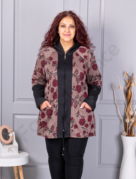 Jacheta maxi de dama cu imprimeu trandafiri rosii-moca cod 1212-4