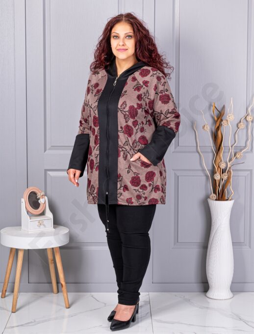 Jacheta maxi de dama cu imprimeu trandafiri rosii-moca cod 1212-4