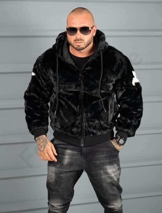 Geaca bomber din blana eco cu doua fete si aplicatie RESPECT-negru cod 1916